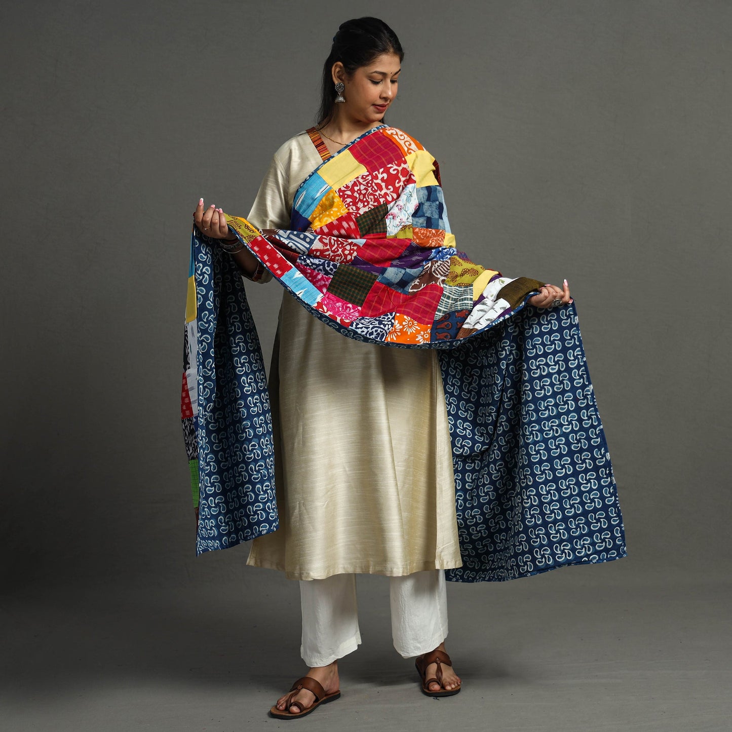 Multicolor - indigo reversible patchwork cotton dupatta 24