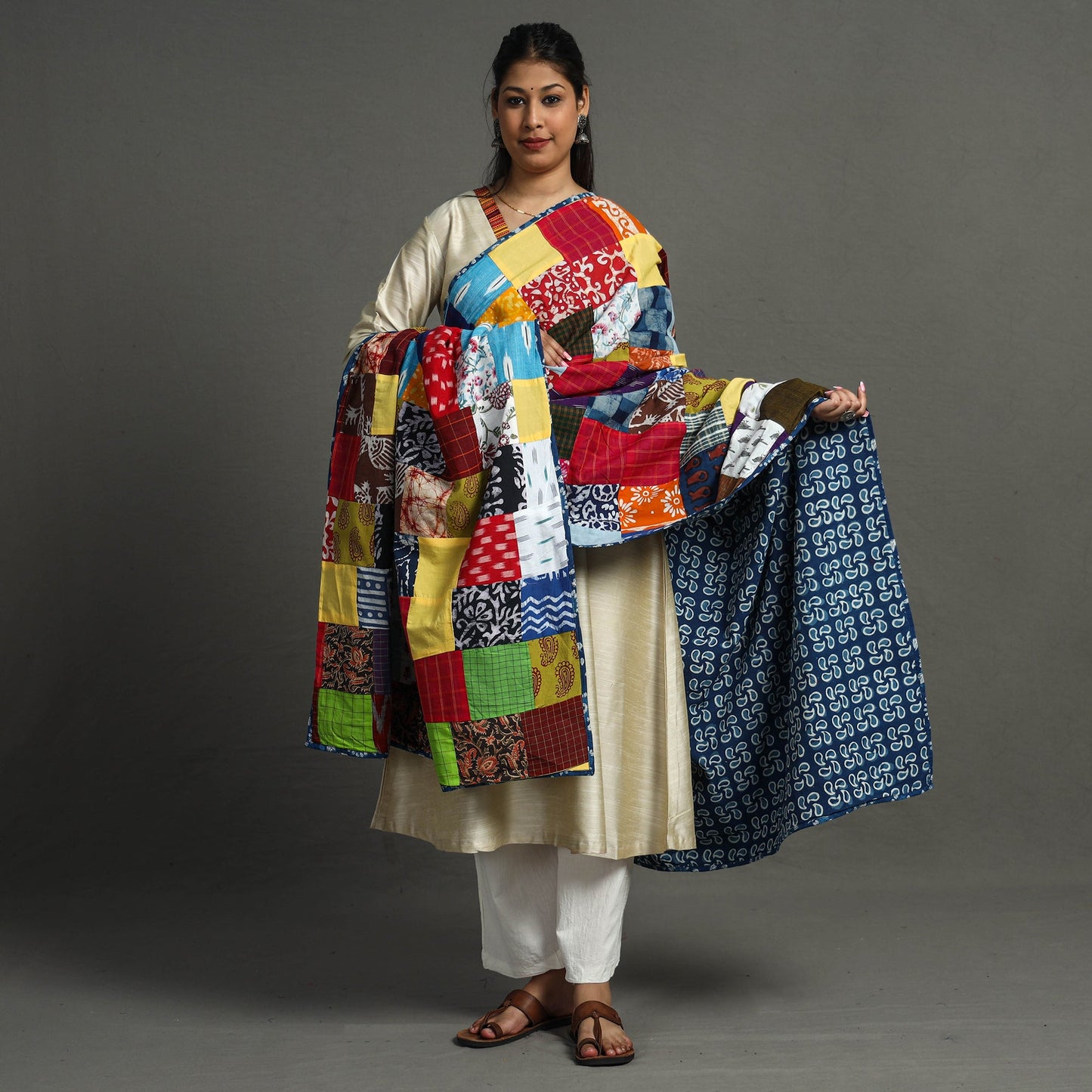Multicolor - indigo reversible patchwork cotton dupatta 24