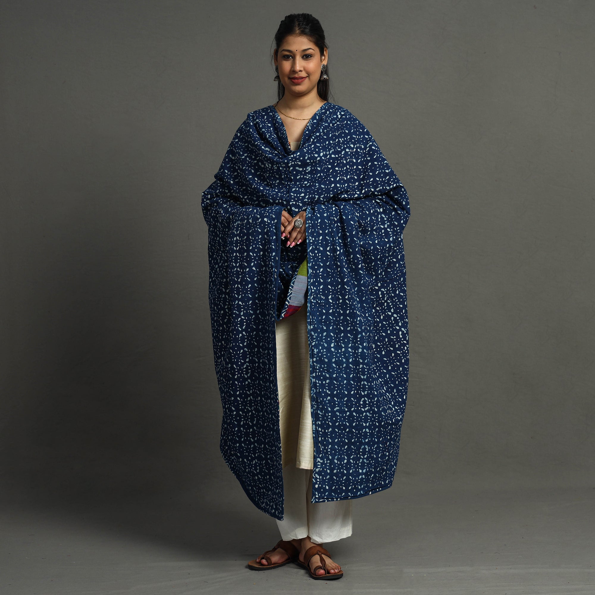 Multicolor - indigo reversible patchwork cotton dupatta 28