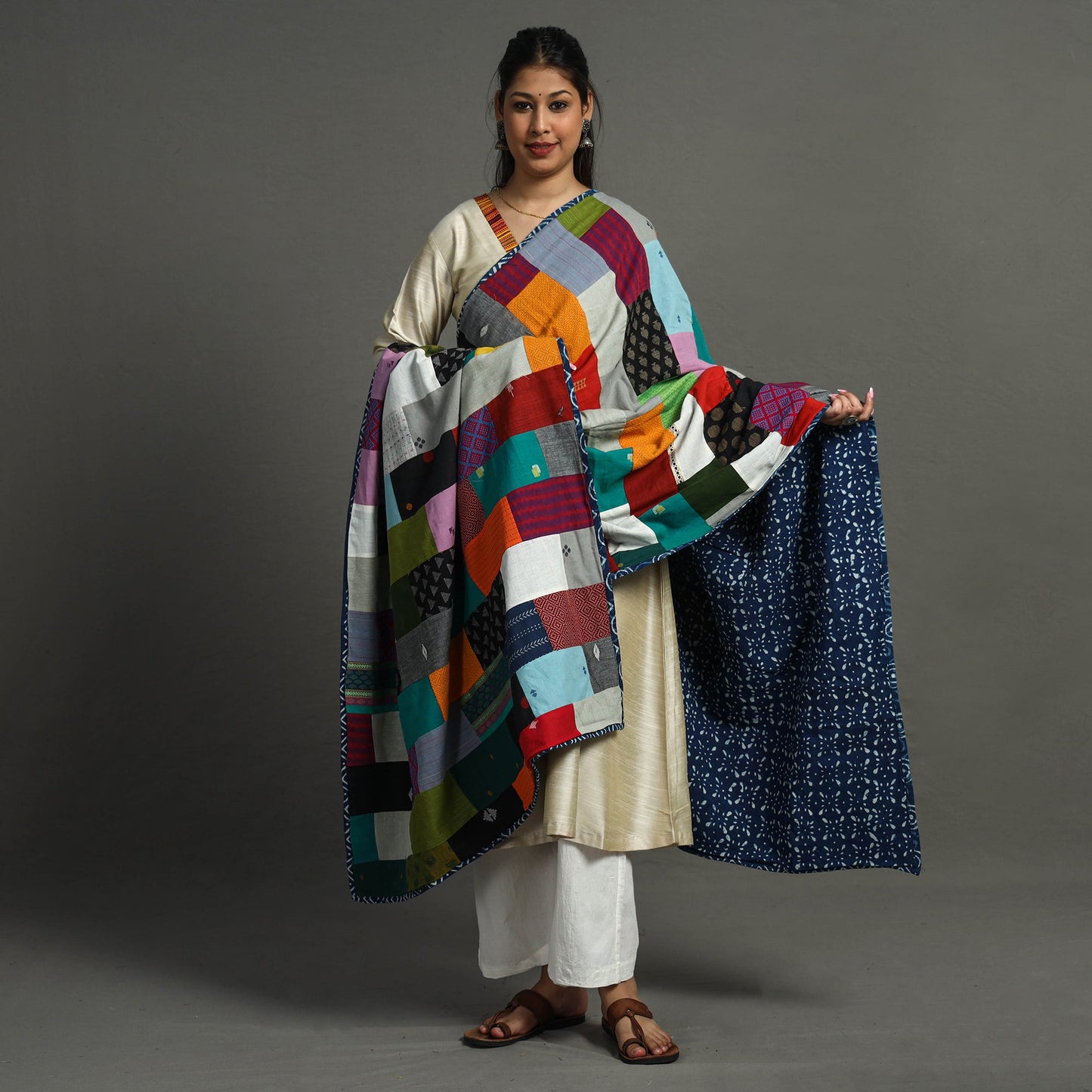 Multicolor - indigo reversible patchwork cotton dupatta 28