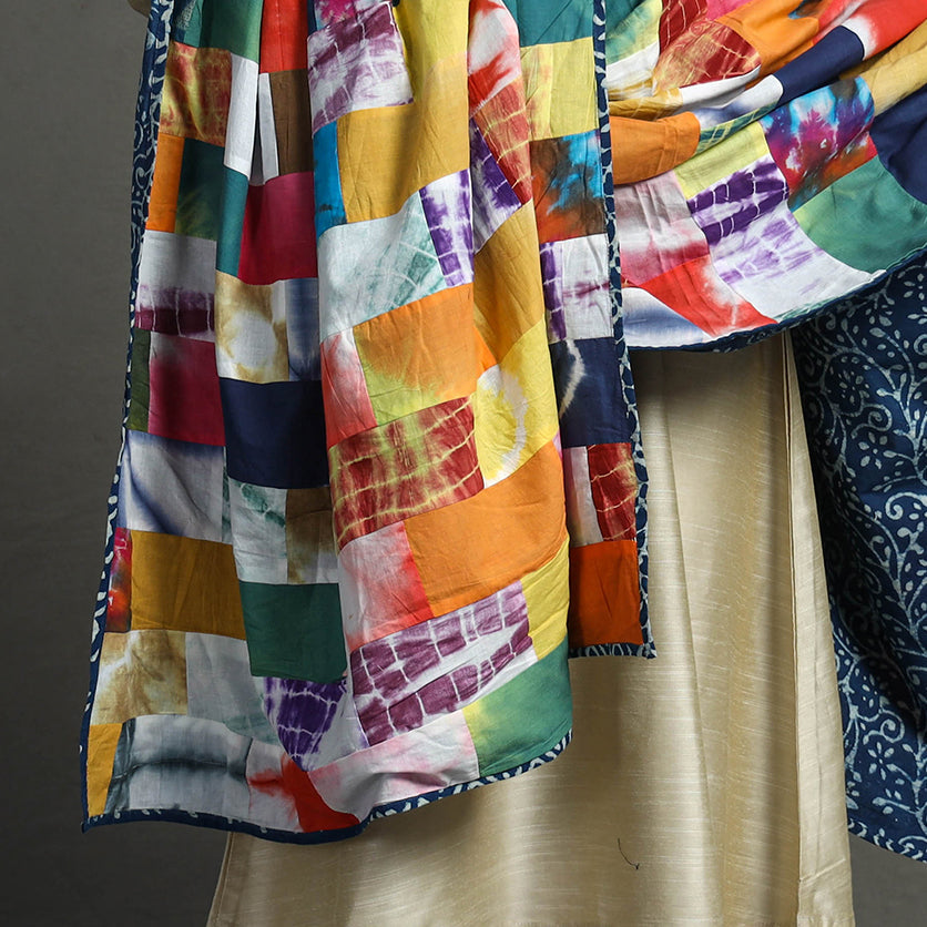 Multicolor - indigo reversible patchwork cotton dupatta 30