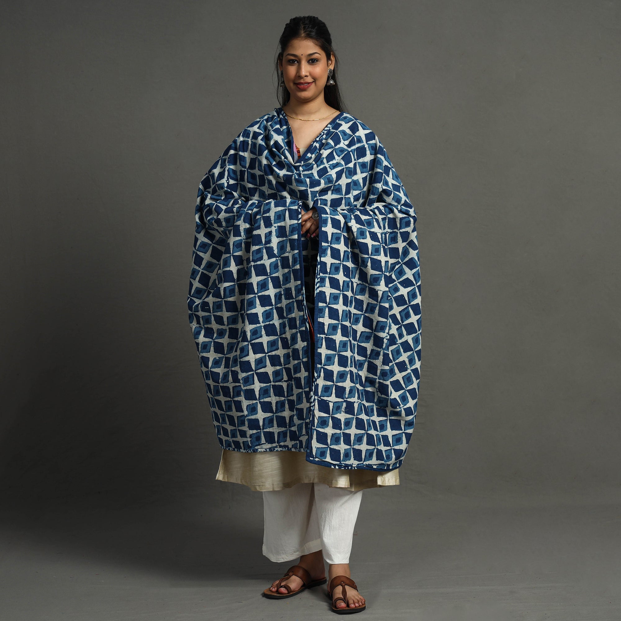 Multicolor - indigo reversible patchwork cotton dupatta 32