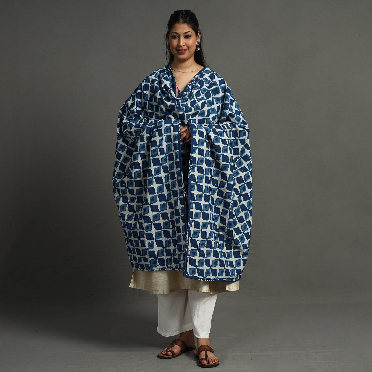 Multicolor - indigo reversible patchwork cotton dupatta 32
