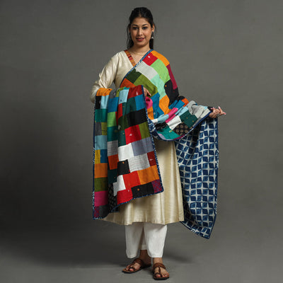 Multicolor - indigo reversible patchwork cotton dupatta 32