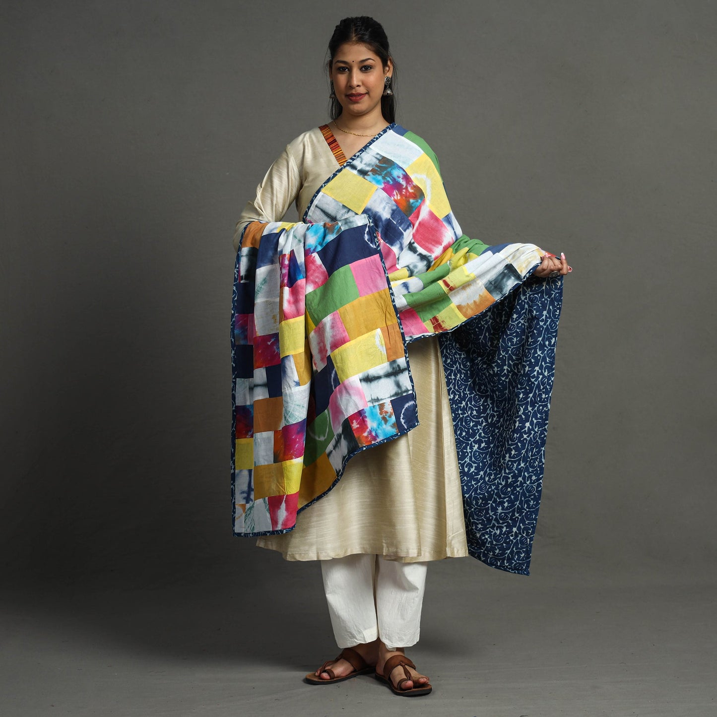  Indigo Reversible Patchwork Cotton Dupatta 33 