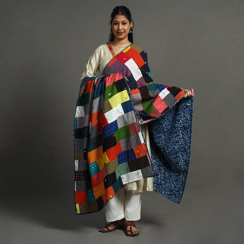 Multicolor - indigo reversible patchwork cotton dupatta 34