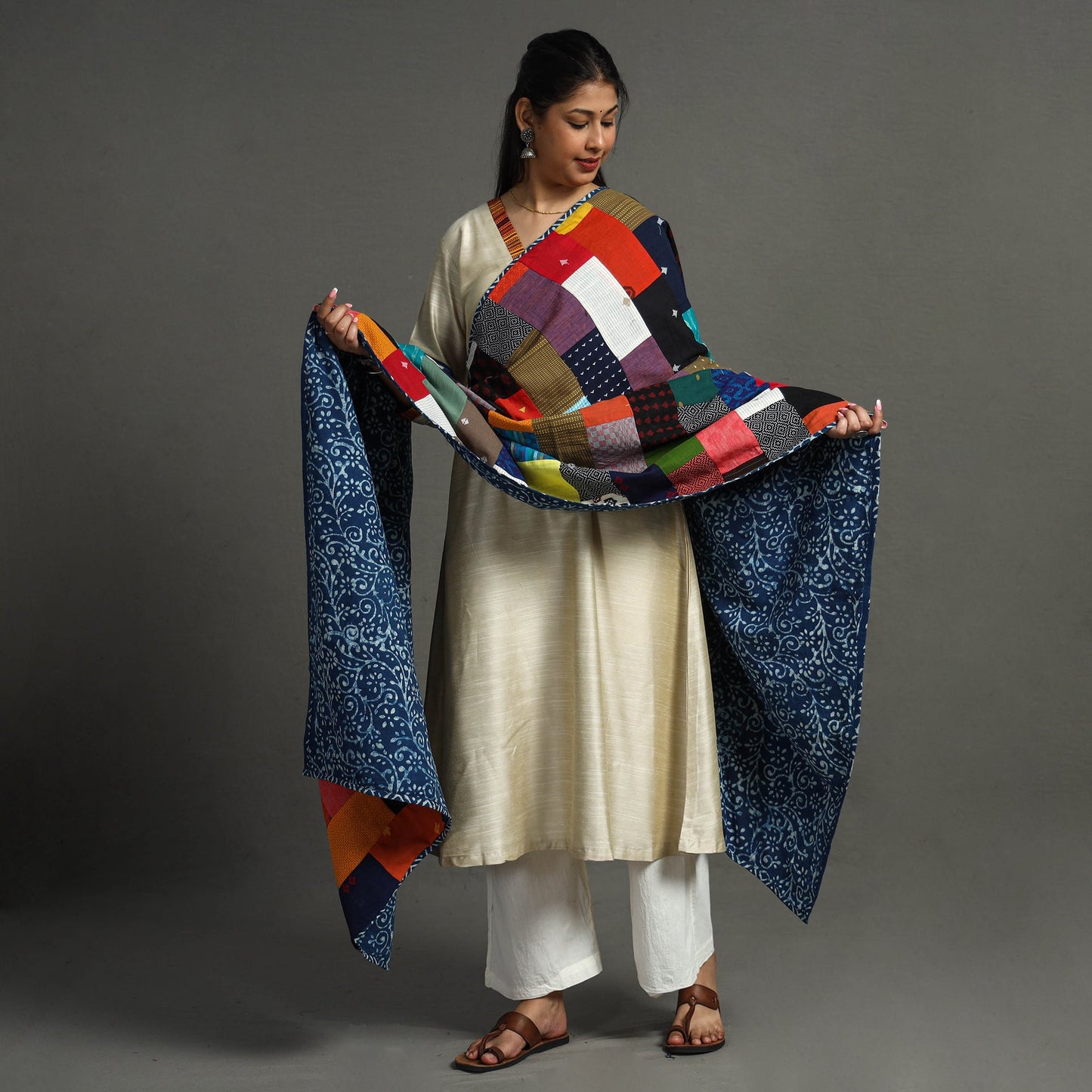 Multicolor - indigo reversible patchwork cotton dupatta 34