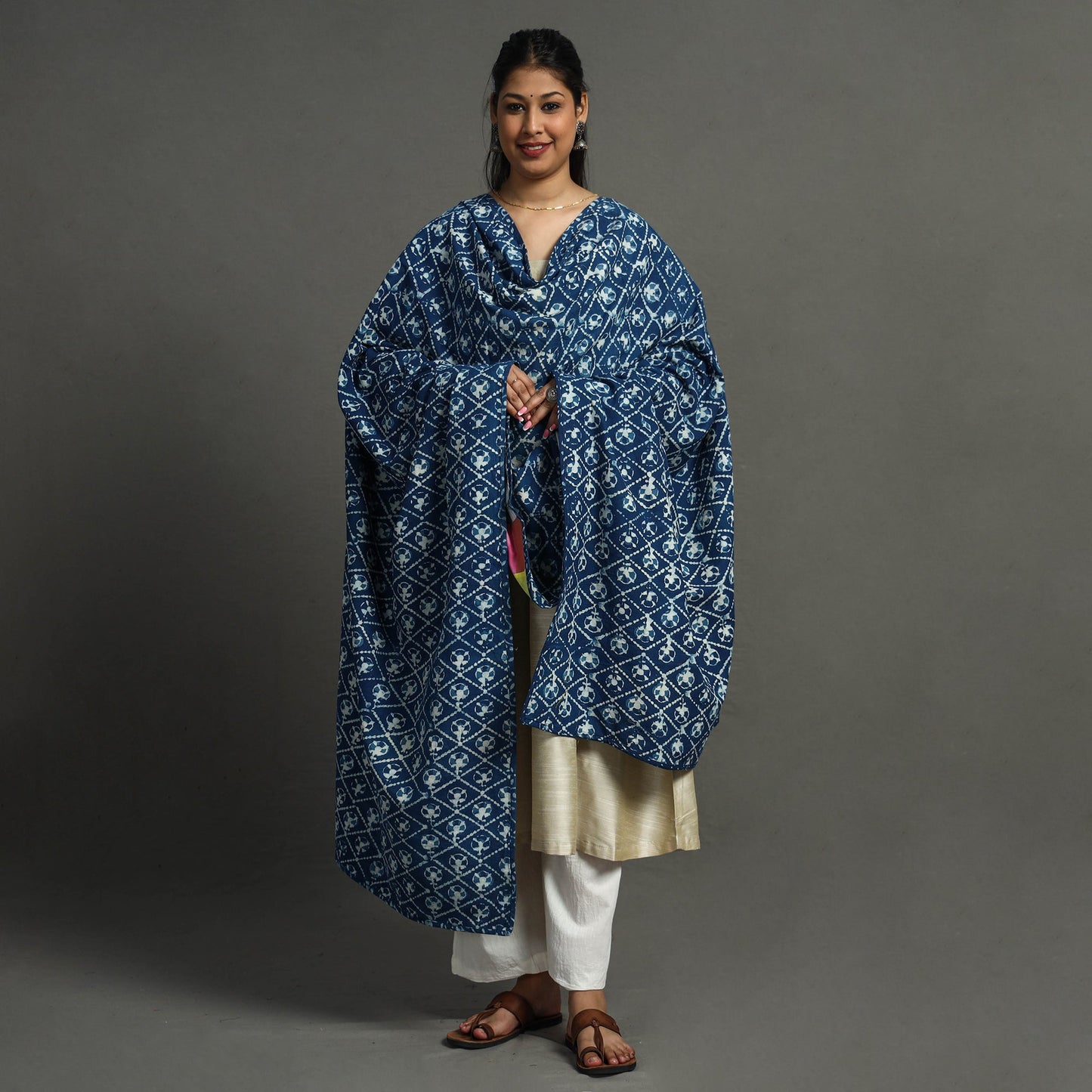Multicolor - indigo reversible patchwork cotton dupatta 35