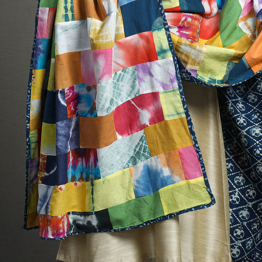 Multicolor - indigo reversible patchwork cotton dupatta 35