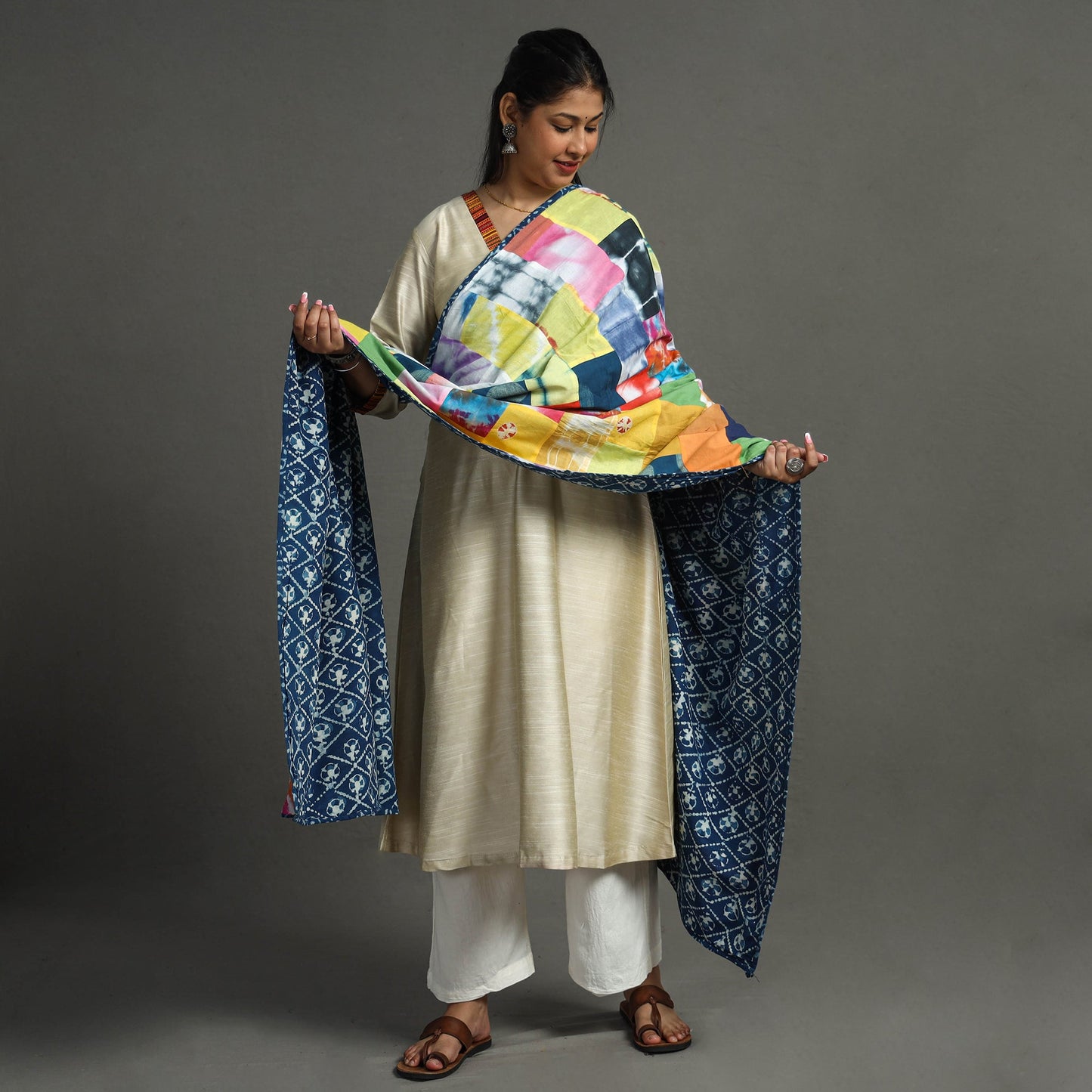 Multicolor - indigo reversible patchwork cotton dupatta 35