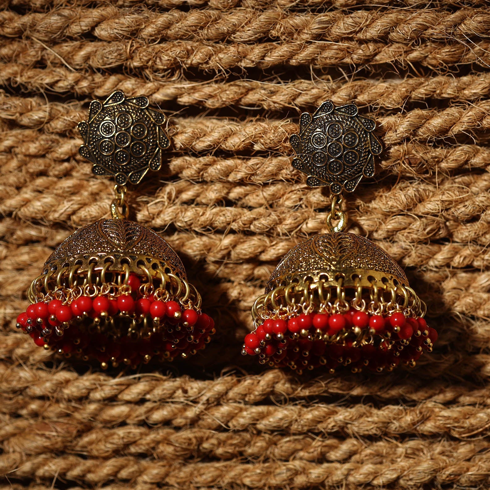 Buy Ishrat Golden Handcrafted GS Beaded Jhumki Earrings