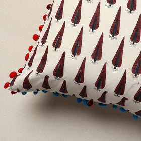 Mullticolor Jaipur Block Printed Cotton Cushion Cover with Pom-Pom