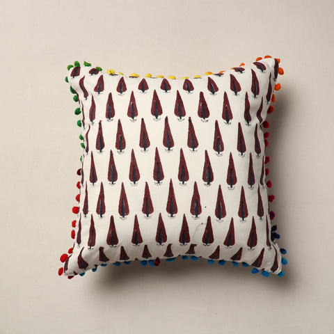 Mullticolor Jaipur Block Printed Cotton Cushion Cover with Pom-Pom