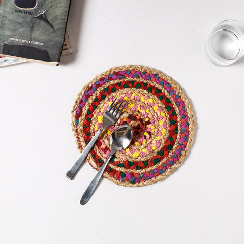Multicolor Jute Cotton Hand Braided Round Trivet (9 x 9 in)