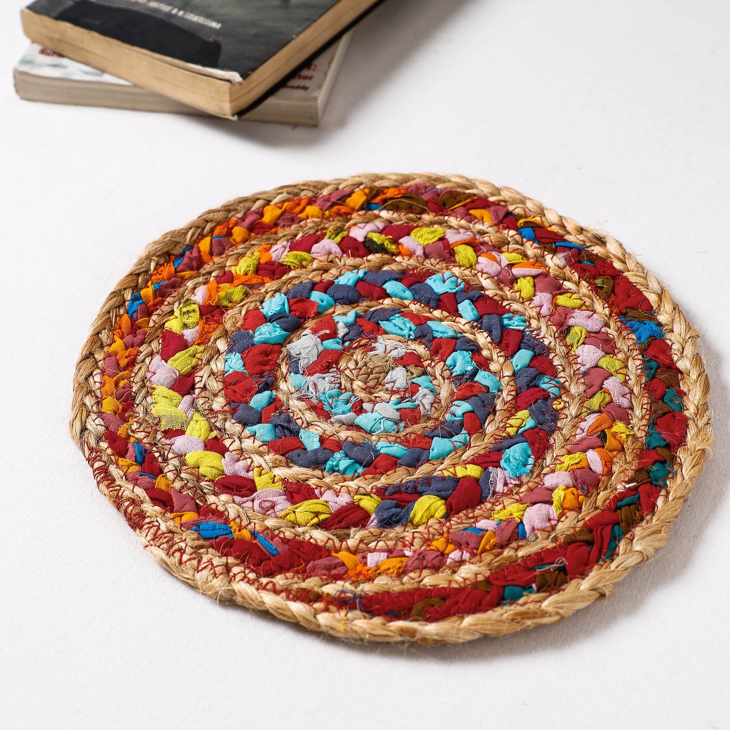 Buy Jute Cotton Hand Braided Round Multicolor Trivet (9 x 9 in)