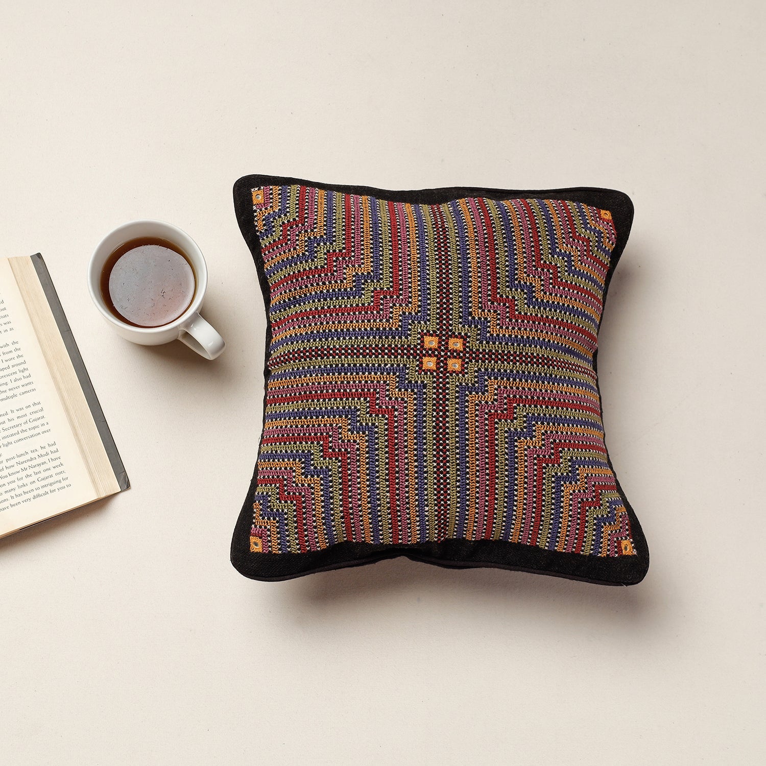  Kala Raksha Jat Hand Embroidery Cotton Cushion Cover 
