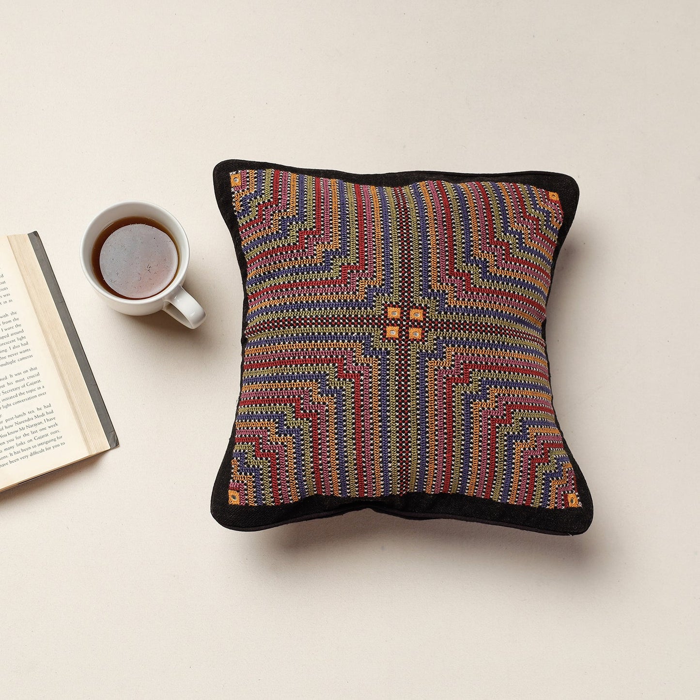  Kala Raksha Jat Hand Embroidery Cotton Cushion Cover 