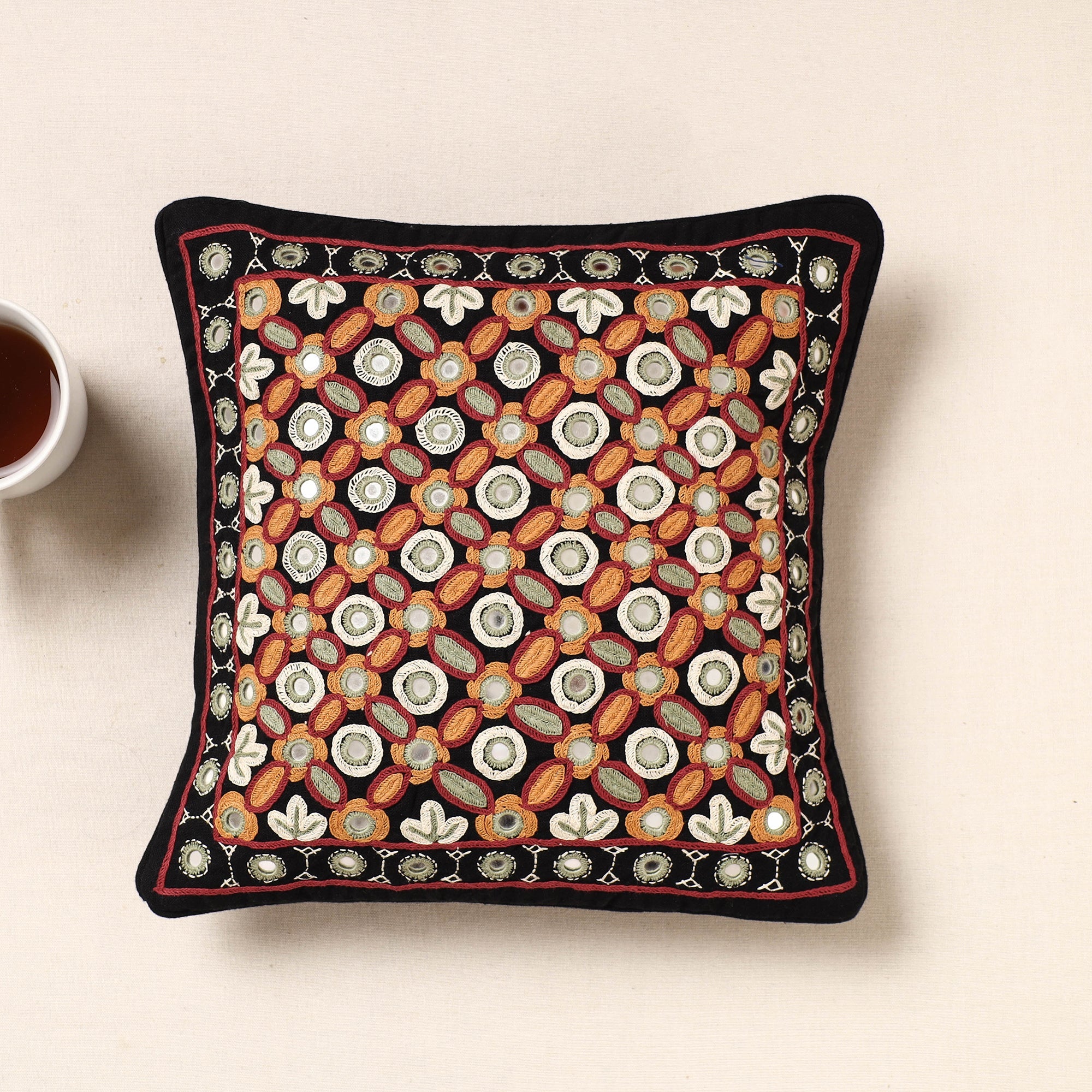 Multicolor Kala Raksha Pakko Hand Embroidery Cotton Cushion Cover