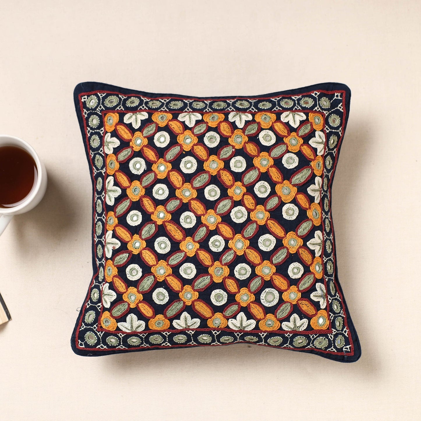 Multicolor Kala Raksha Pakko Hand Embroidery Cotton Cushion Cover