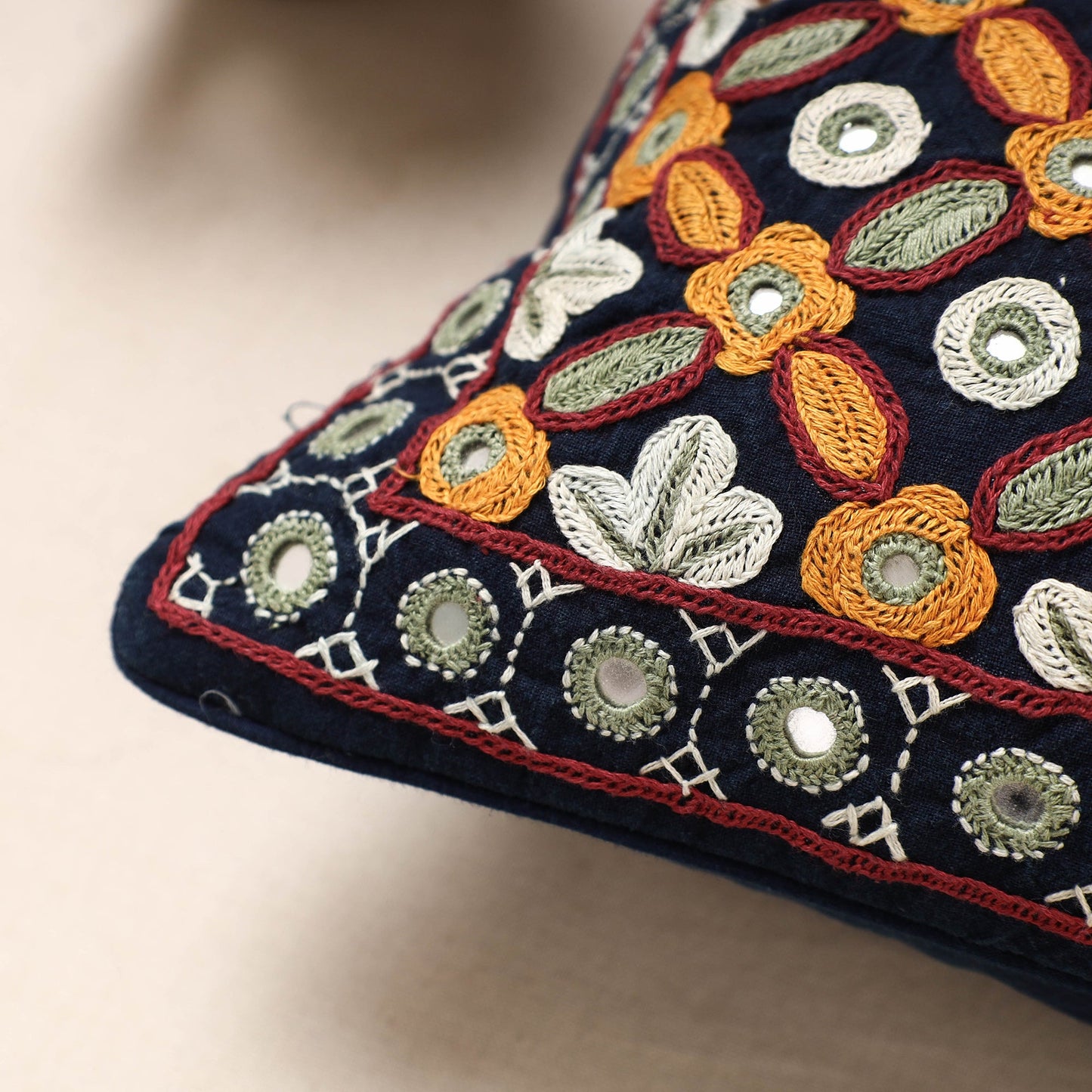 Multicolor Kala Raksha Pakko Hand Embroidery Cotton Cushion Cover