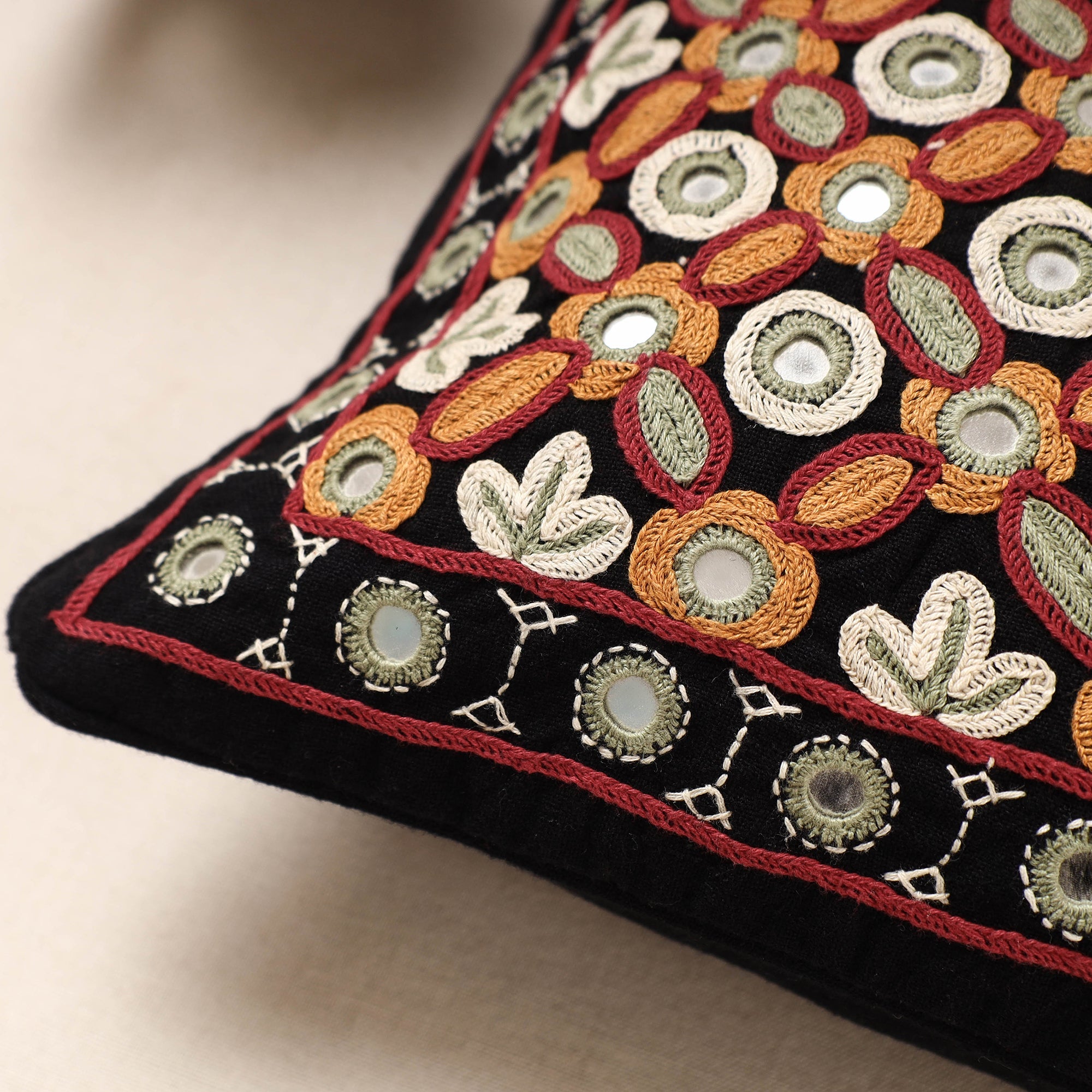Multicolor Kala Raksha Pakko Hand Embroidery Cotton Cushion Cover