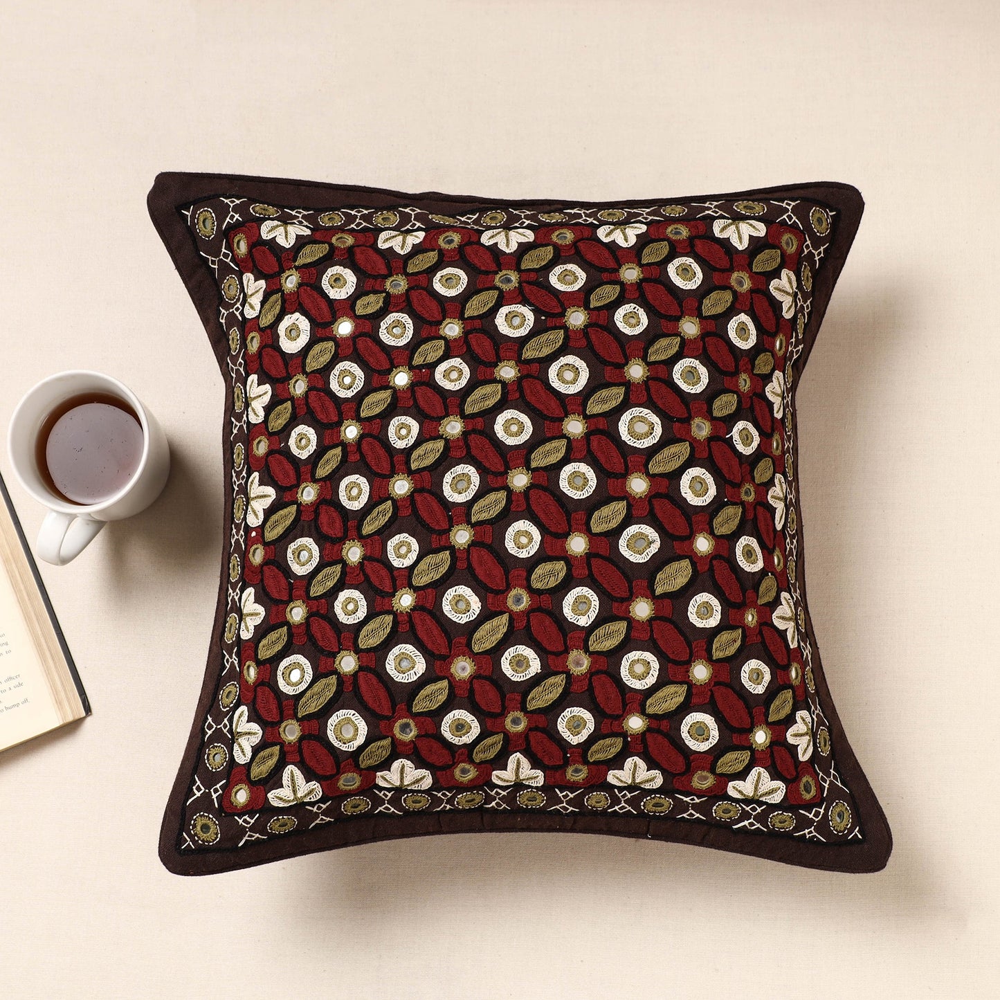 Multicolor Kala Raksha Pakko Hand Embroidery Cotton Cushion Cover