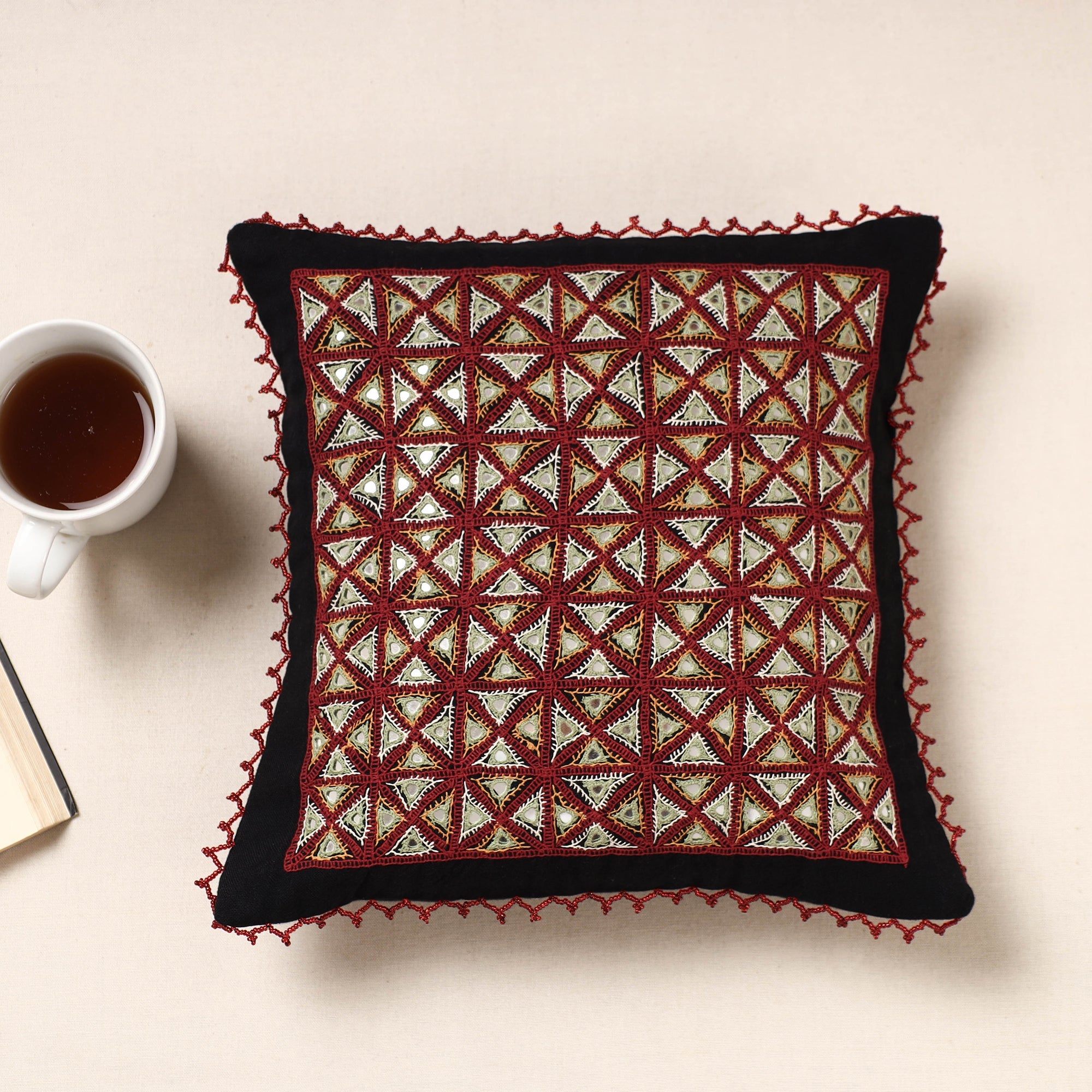 Multicolor Kala Raksha Rabari Hand Embroidered Pure Cotton Cushion Cover
