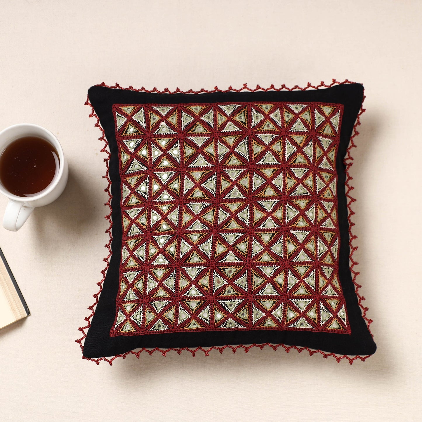 Multicolor Kala Raksha Rabari Hand Embroidered Pure Cotton Cushion Cover