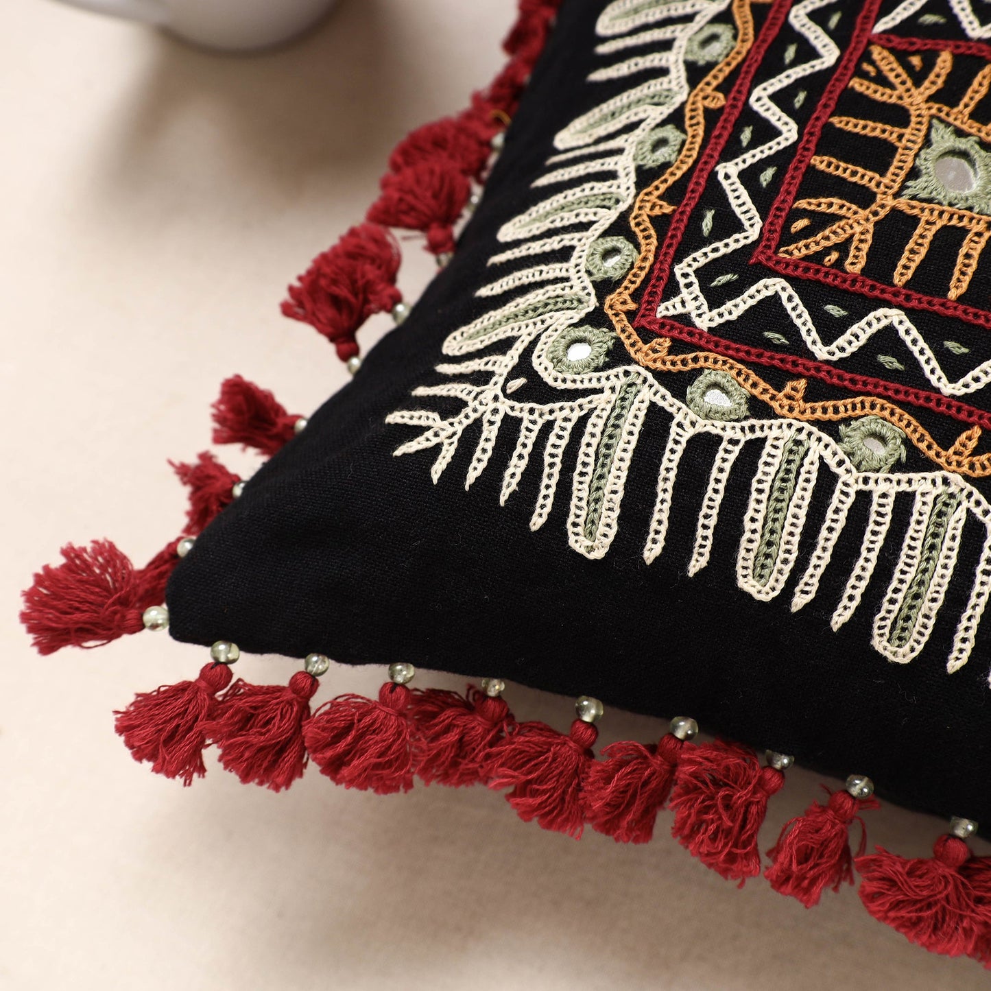 Multicolor - Kala Raksha Rabari Hand Embroidery Cotton Cushion Cover (12 x 12 in)