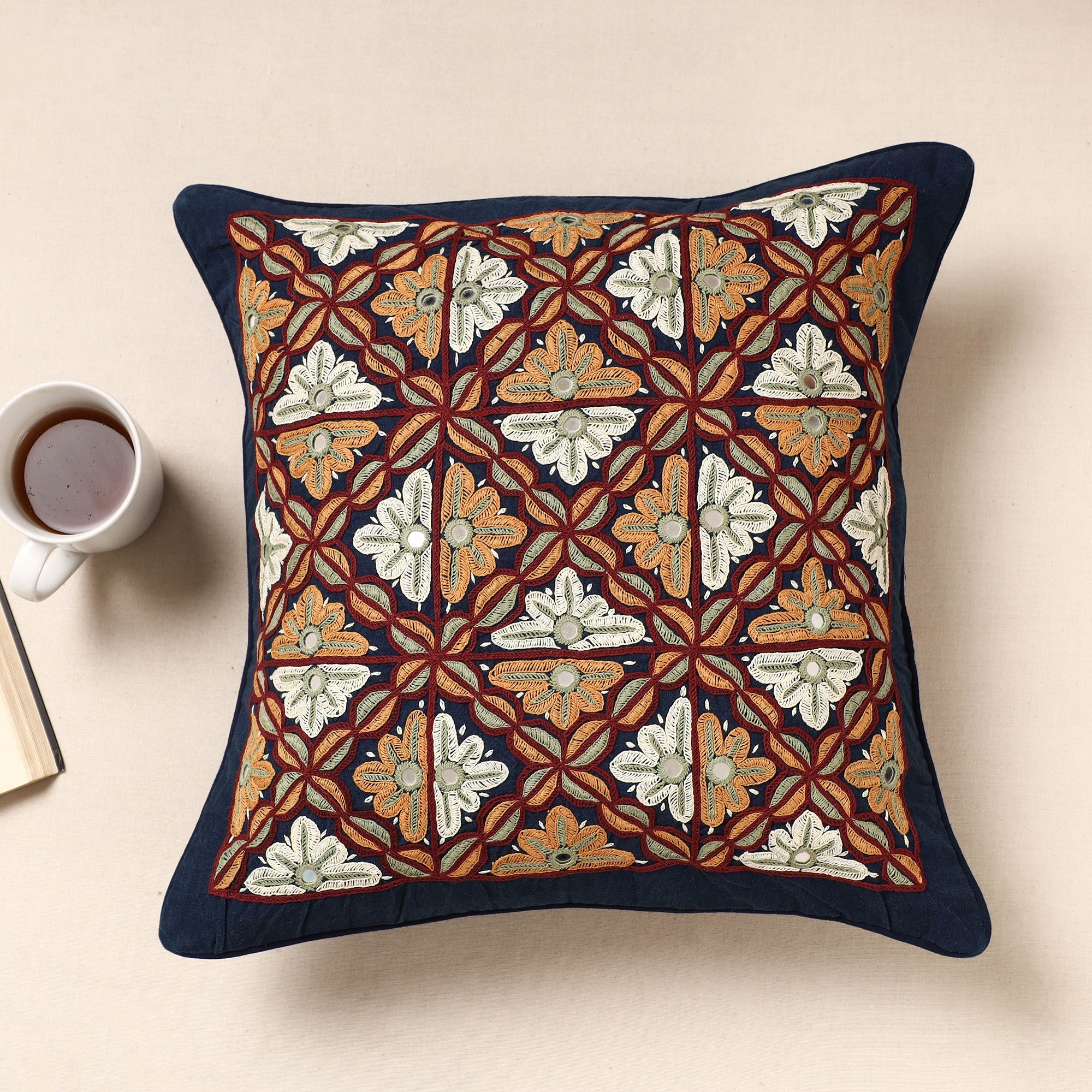 Multicolor Kala Raksha Rabari Hand Embroidery Cotton Cushion Cover