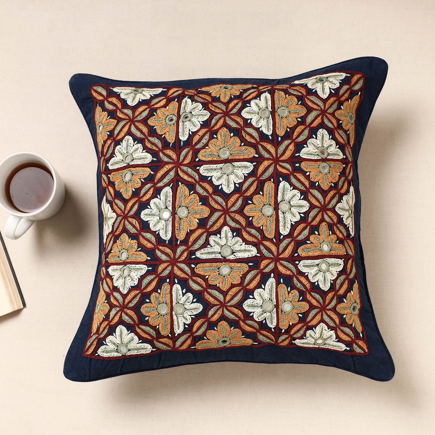 Multicolor Kala Raksha Rabari Hand Embroidery Cotton Cushion Cover