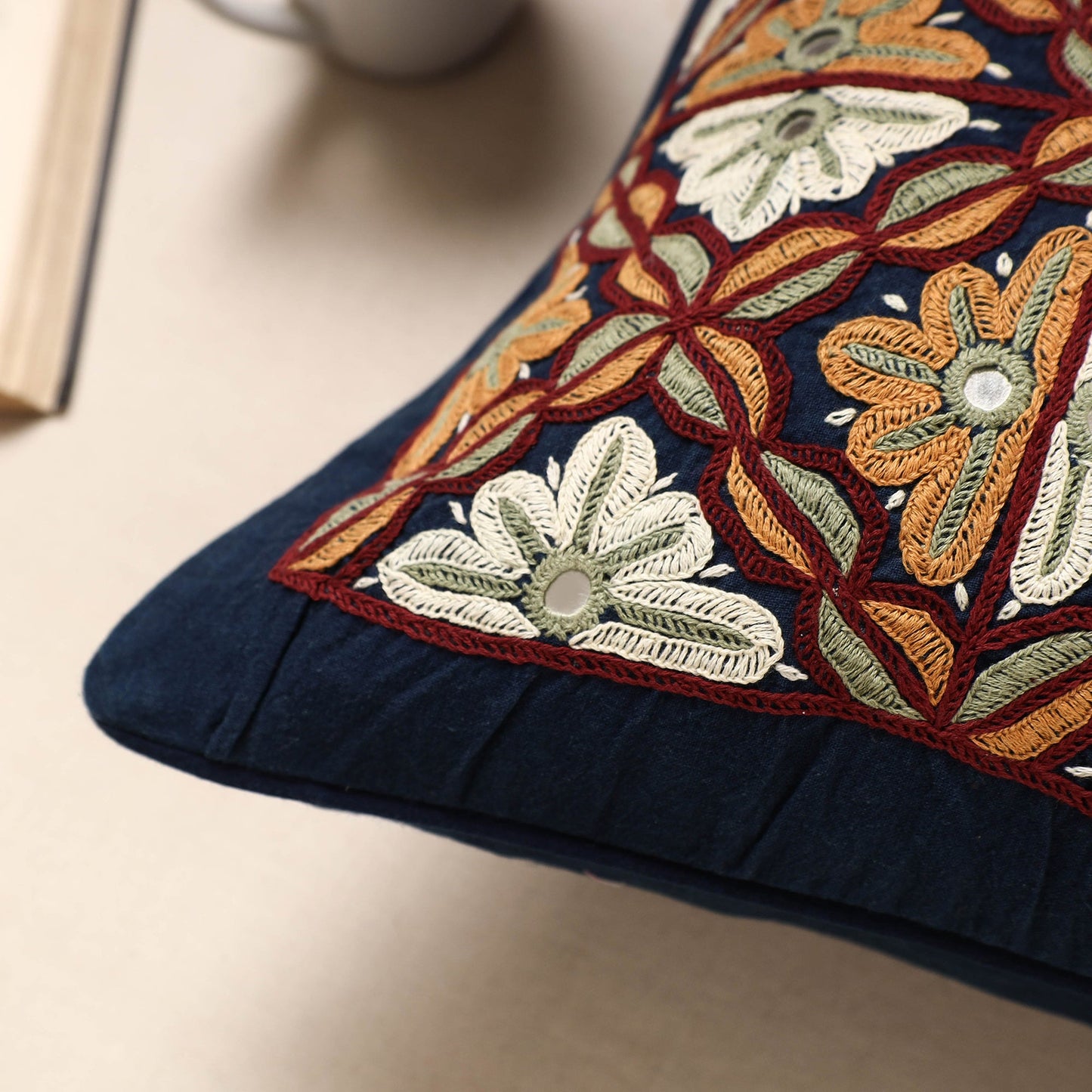 Multicolor Kala Raksha Rabari Hand Embroidery Cotton Cushion Cover