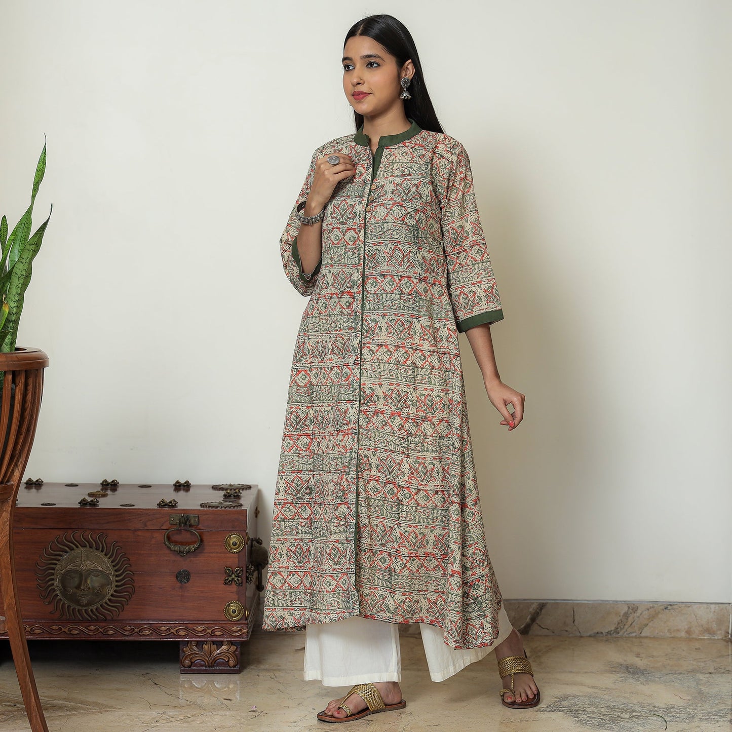  Kalamkari Hand Block Print Cotton A-Line Kurta For Women