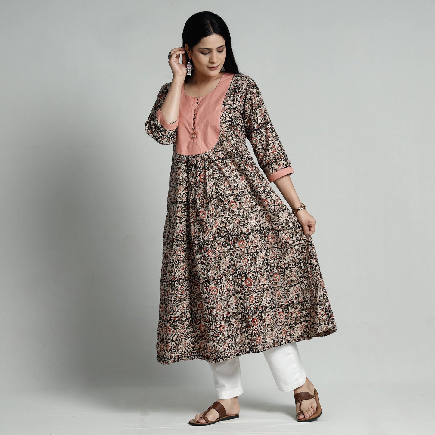 Buy Kalamkari Hand Block Printed Cotton Long Kurta For Women