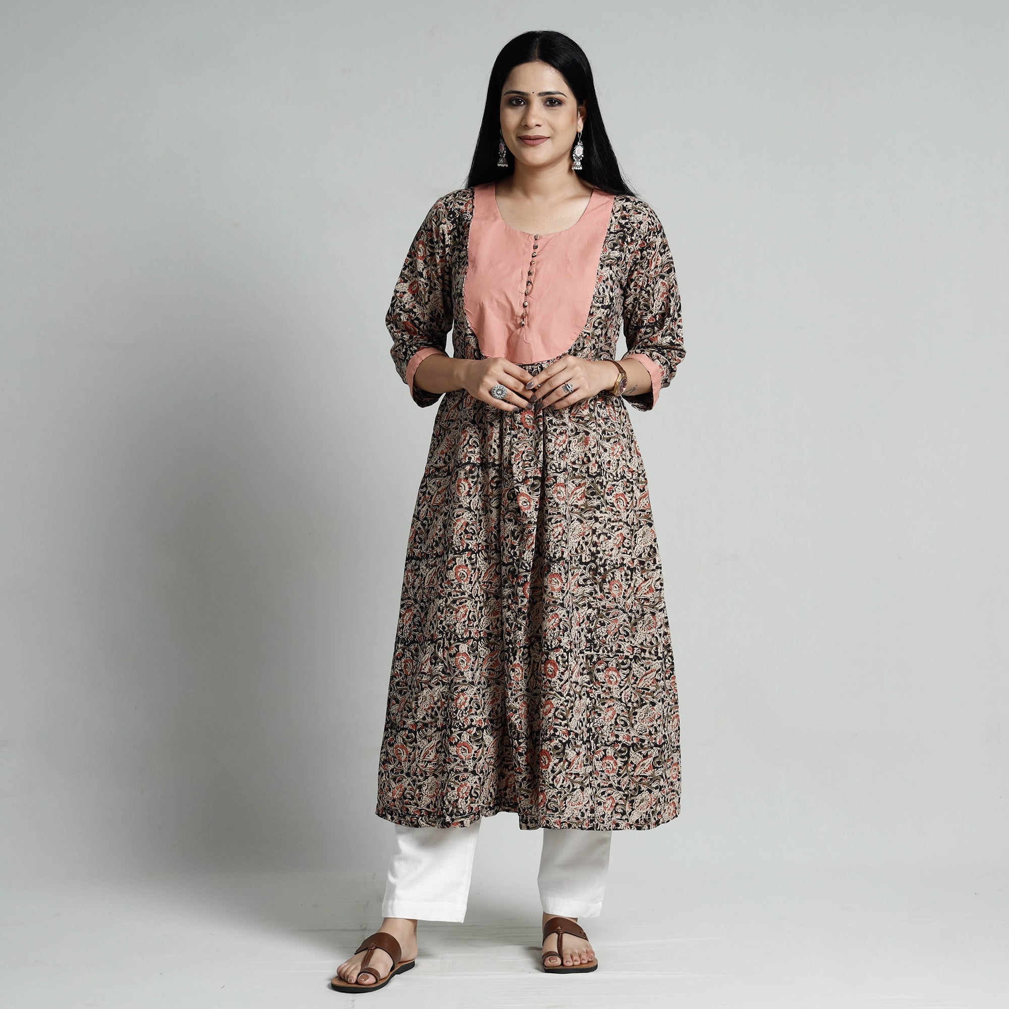 Buy Kalamkari Hand Block Printed Cotton Long Kurta For Women