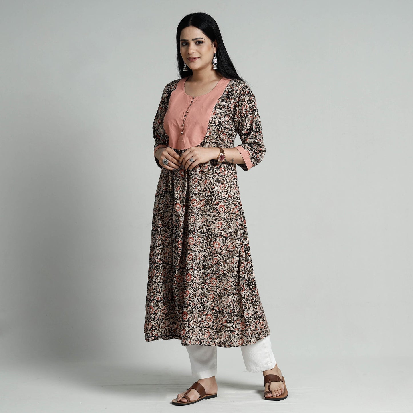 Buy Kalamkari Hand Block Printed Cotton Long Kurta For Women