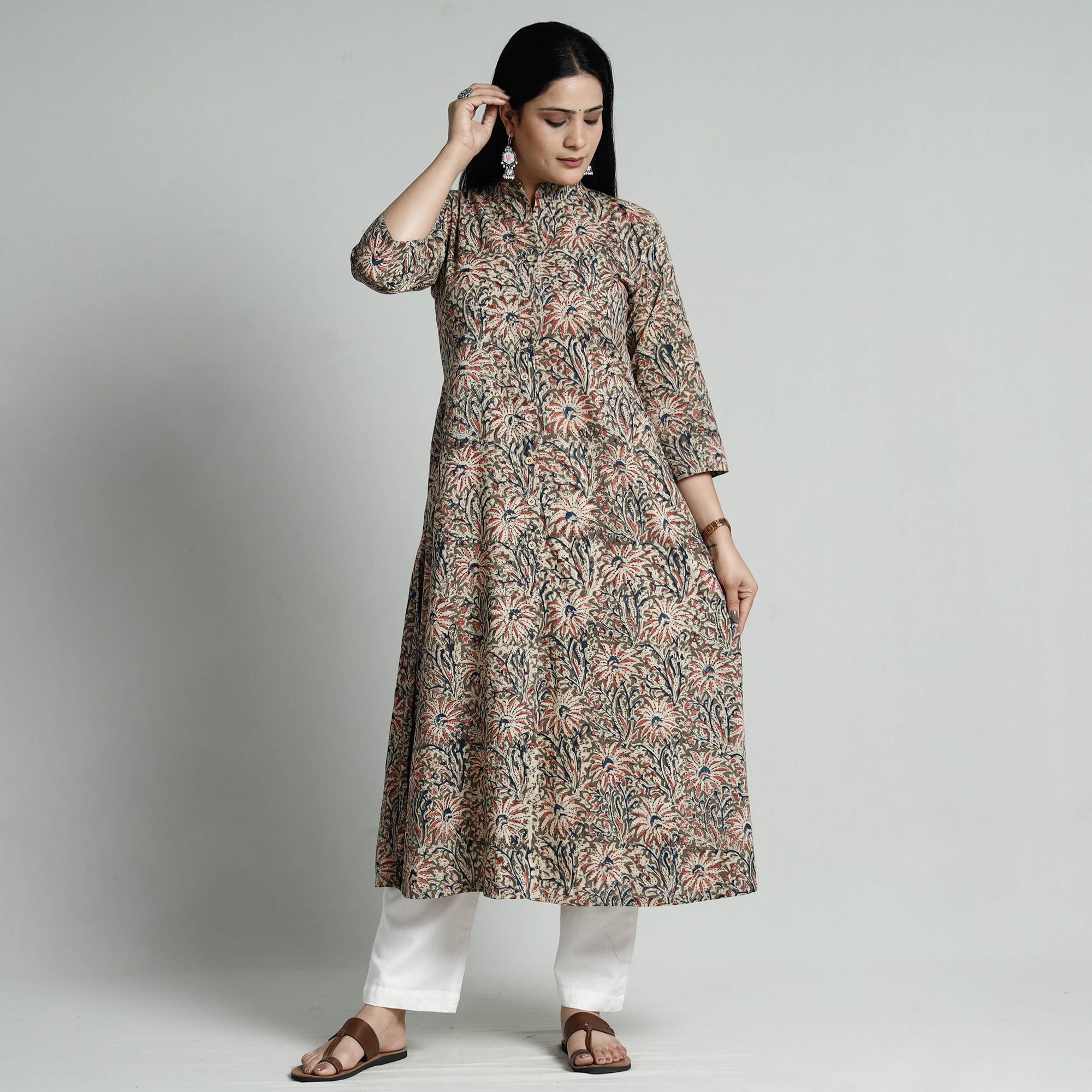  Kalamkari Hand Block Printed Cotton Long Kurta For Women