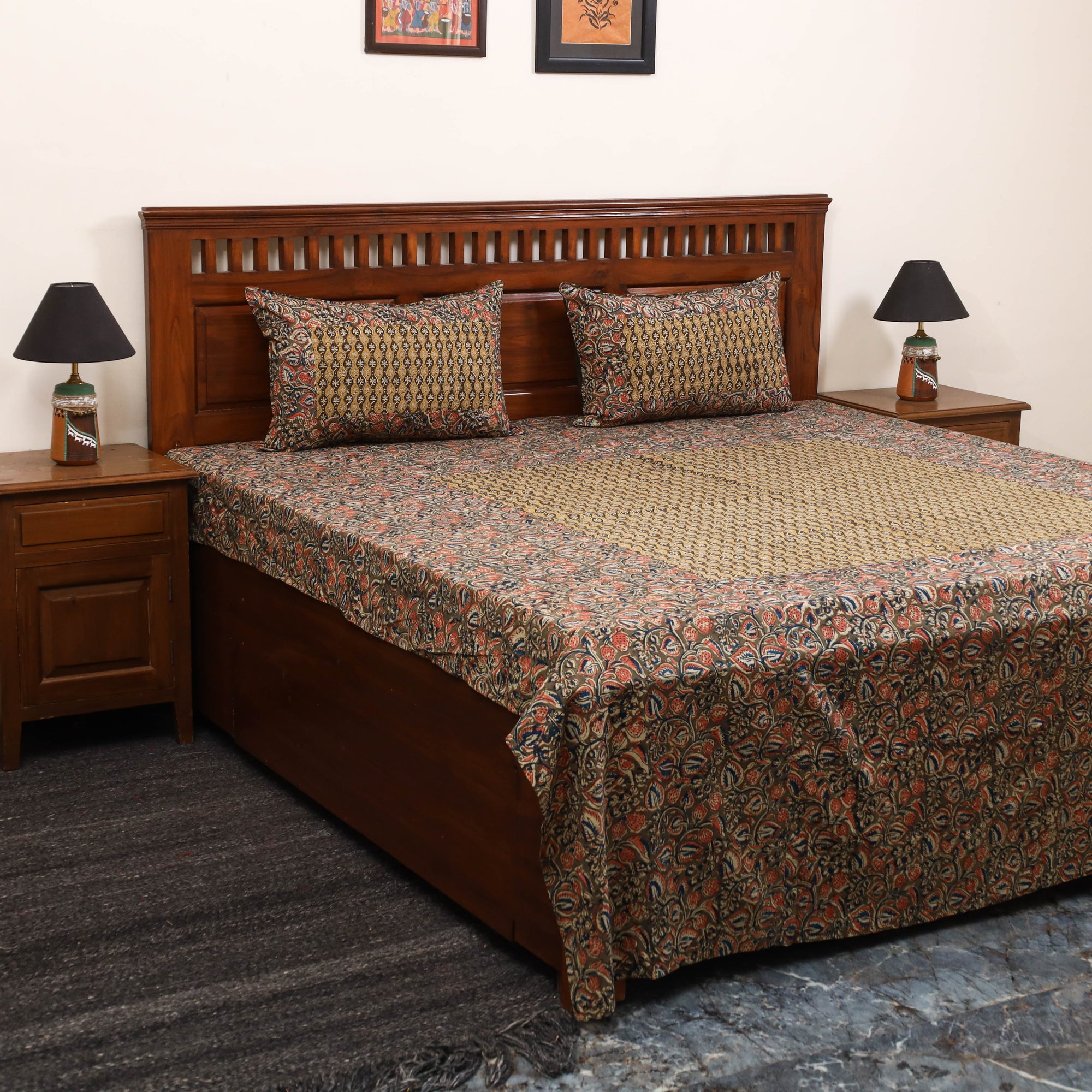 Kalamkari patchwork cotton bedsheet set 54 - handcrafted