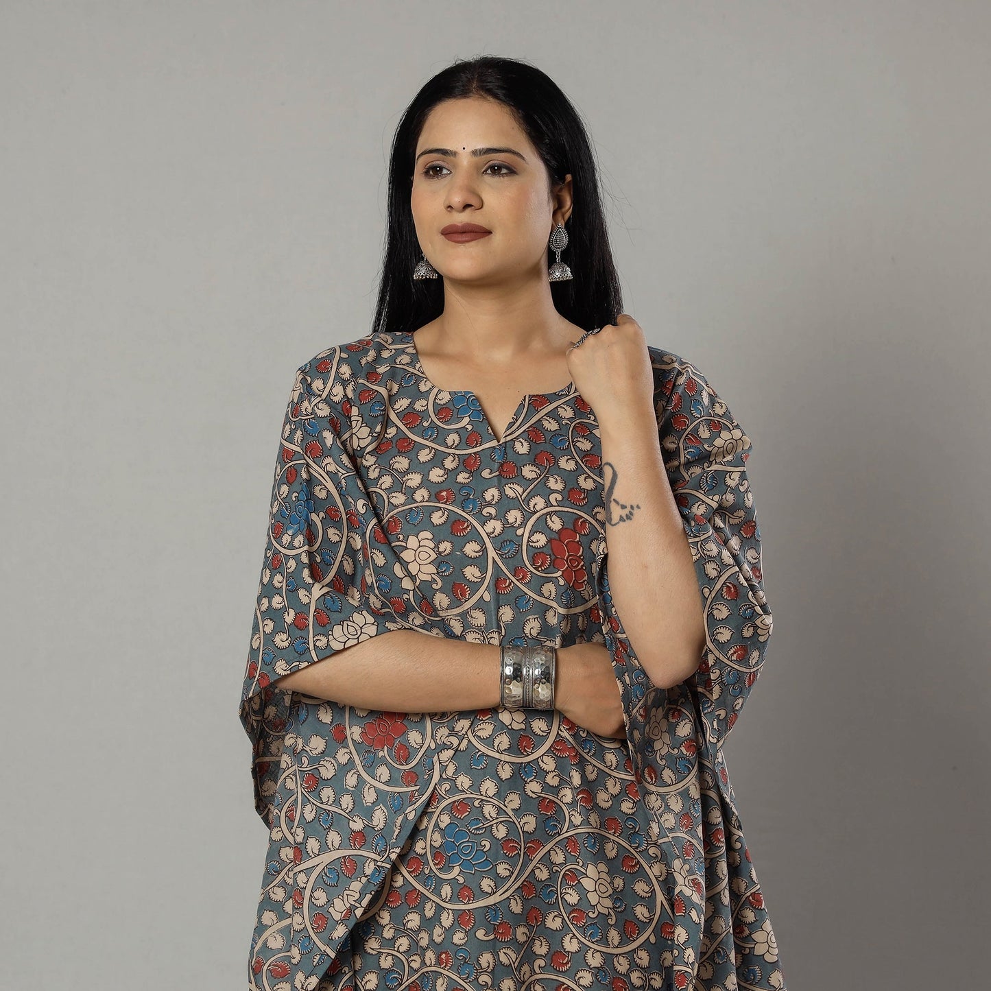 Cornflower Blue Kalamkari Print Cotton Kaftan Kurta For Women