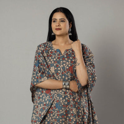 Cornflower Blue Kalamkari Print Cotton Kaftan Kurta For Women