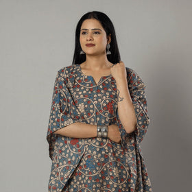 Cornflower Blue Kalamkari Print Cotton Kaftan Kurta For Women