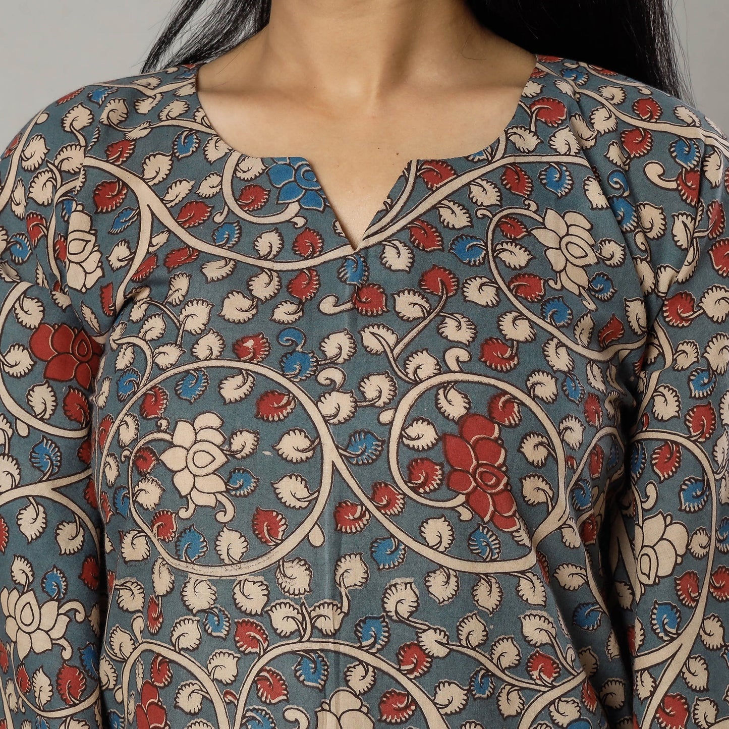 Cornflower Blue Kalamkari Print Cotton Kaftan Kurta For Women