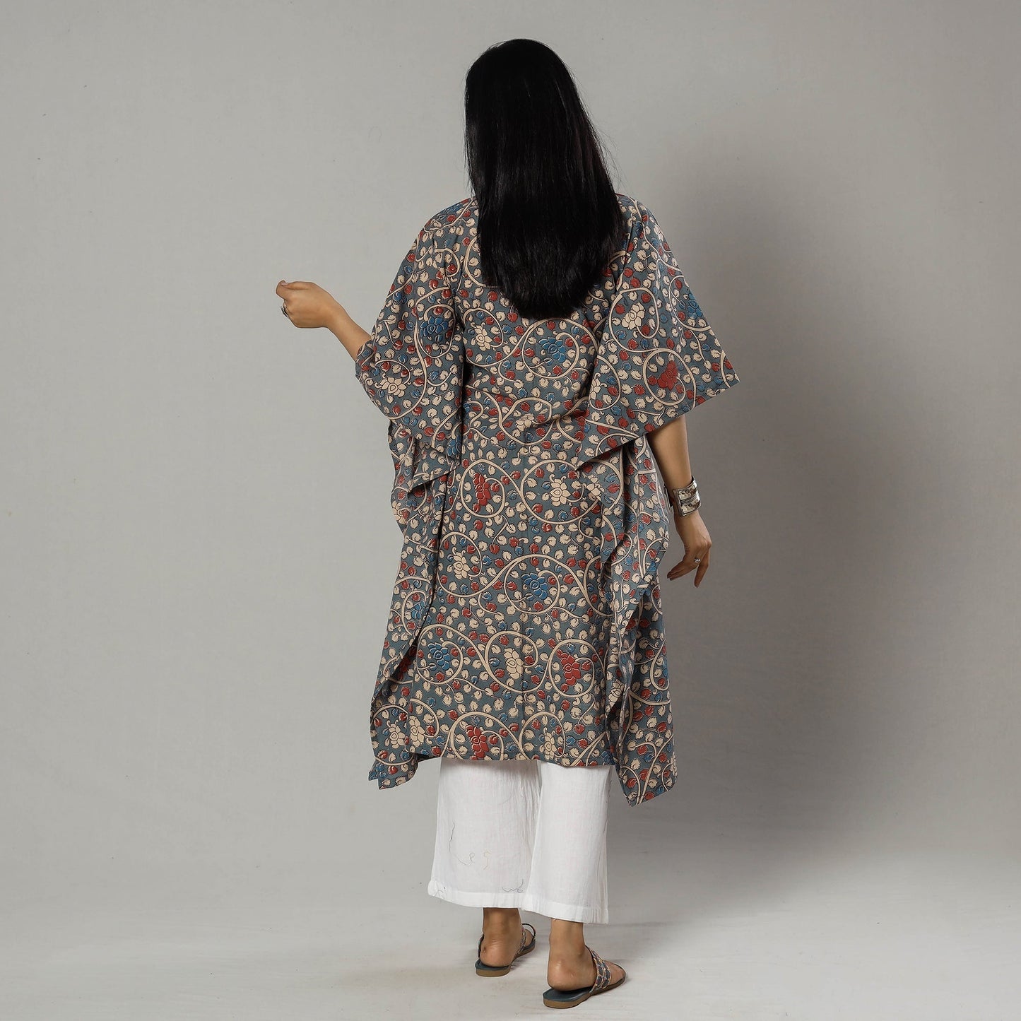 Cornflower Blue Kalamkari Print Cotton Kaftan Kurta For Women