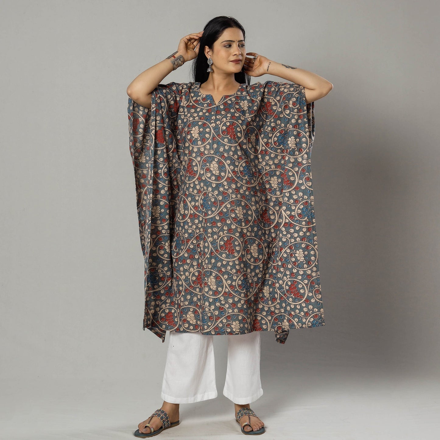 Cornflower Blue Kalamkari Print Cotton Kaftan Kurta For Women
