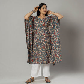 Cornflower Blue Kalamkari Print Cotton Kaftan Kurta For Women