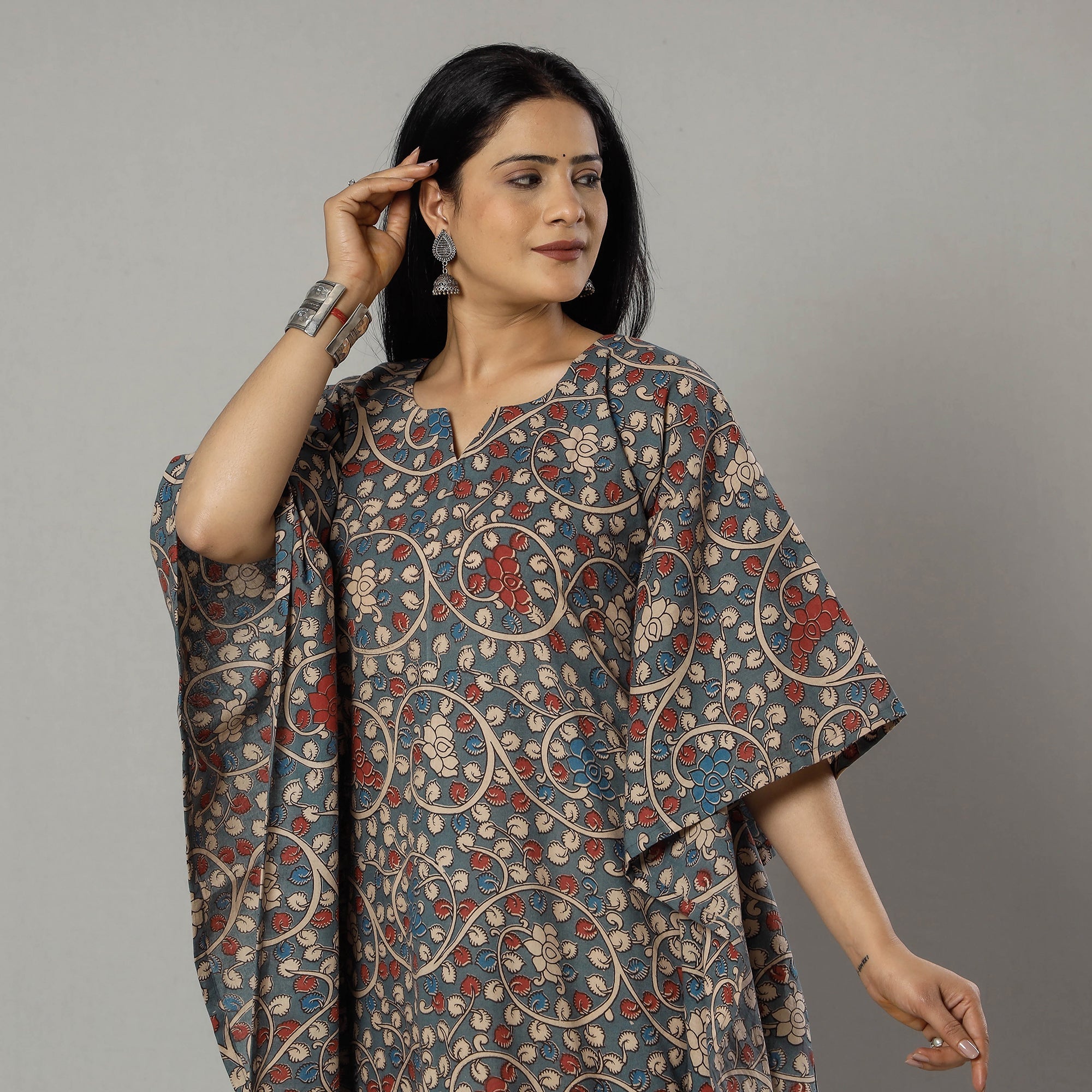 Cornflower Blue Kalamkari Print Cotton Kaftan Kurta For Women