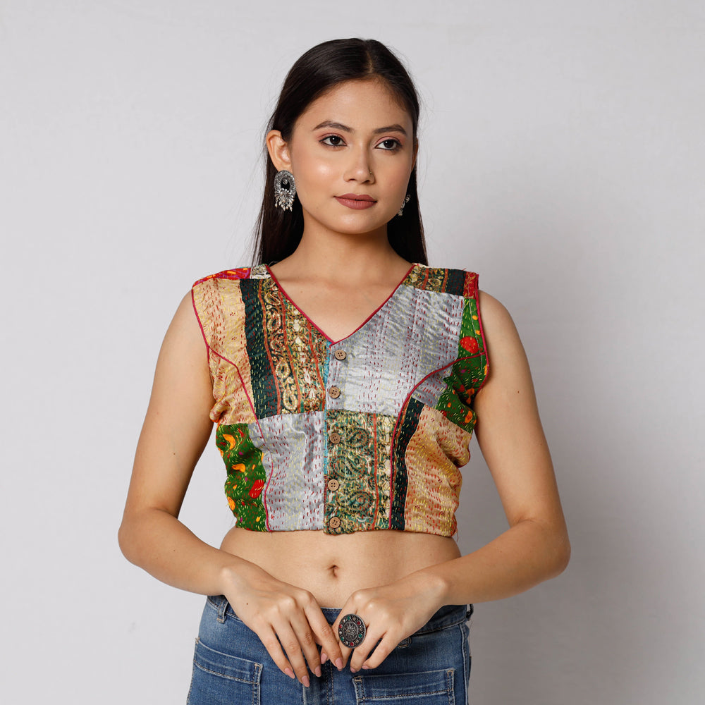 Buy Kantha Embroidery Patchwork Silk Cotton Stitched Blouse 