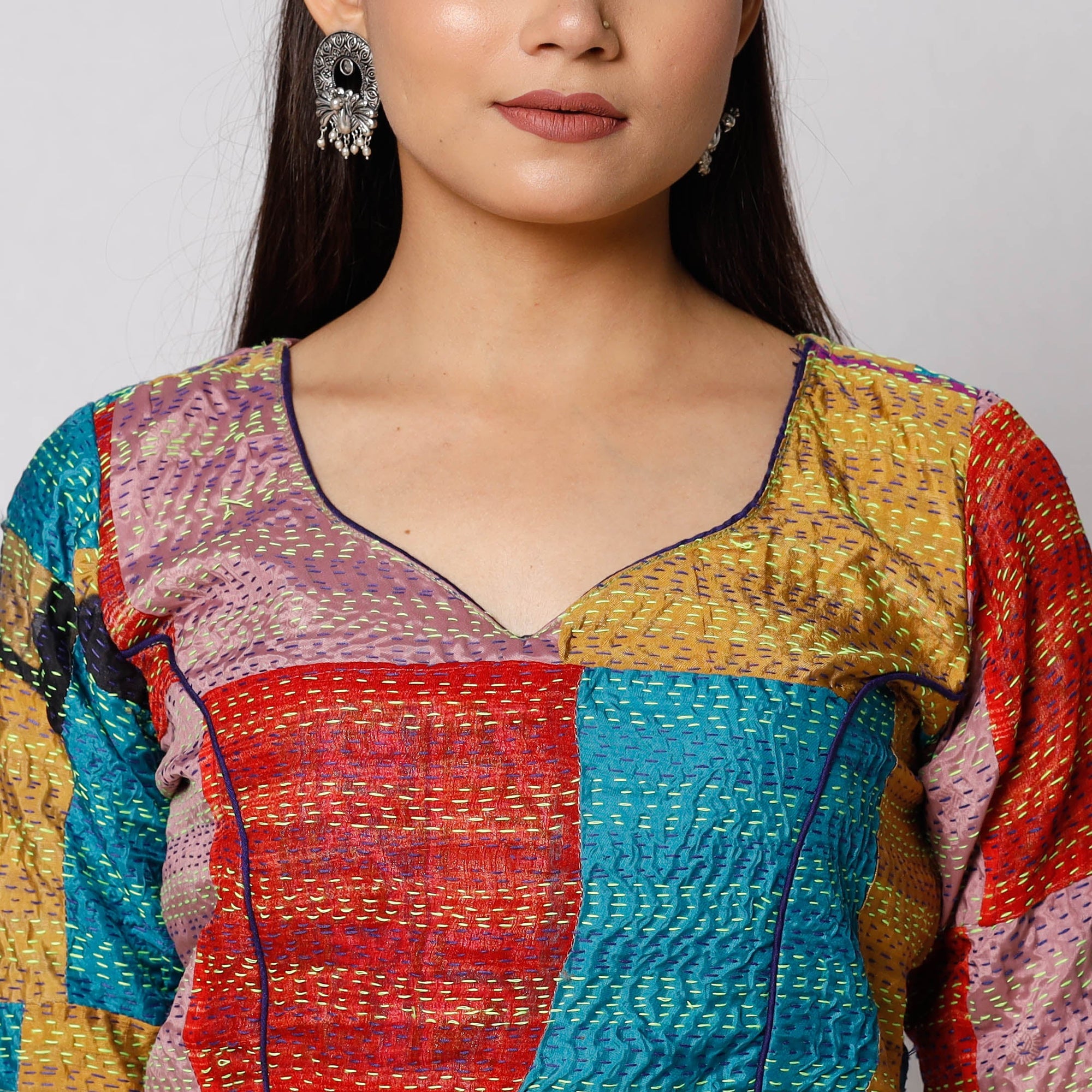 Buy Kantha Embroidery Patchwork Silk Cotton Stitched Blouse 