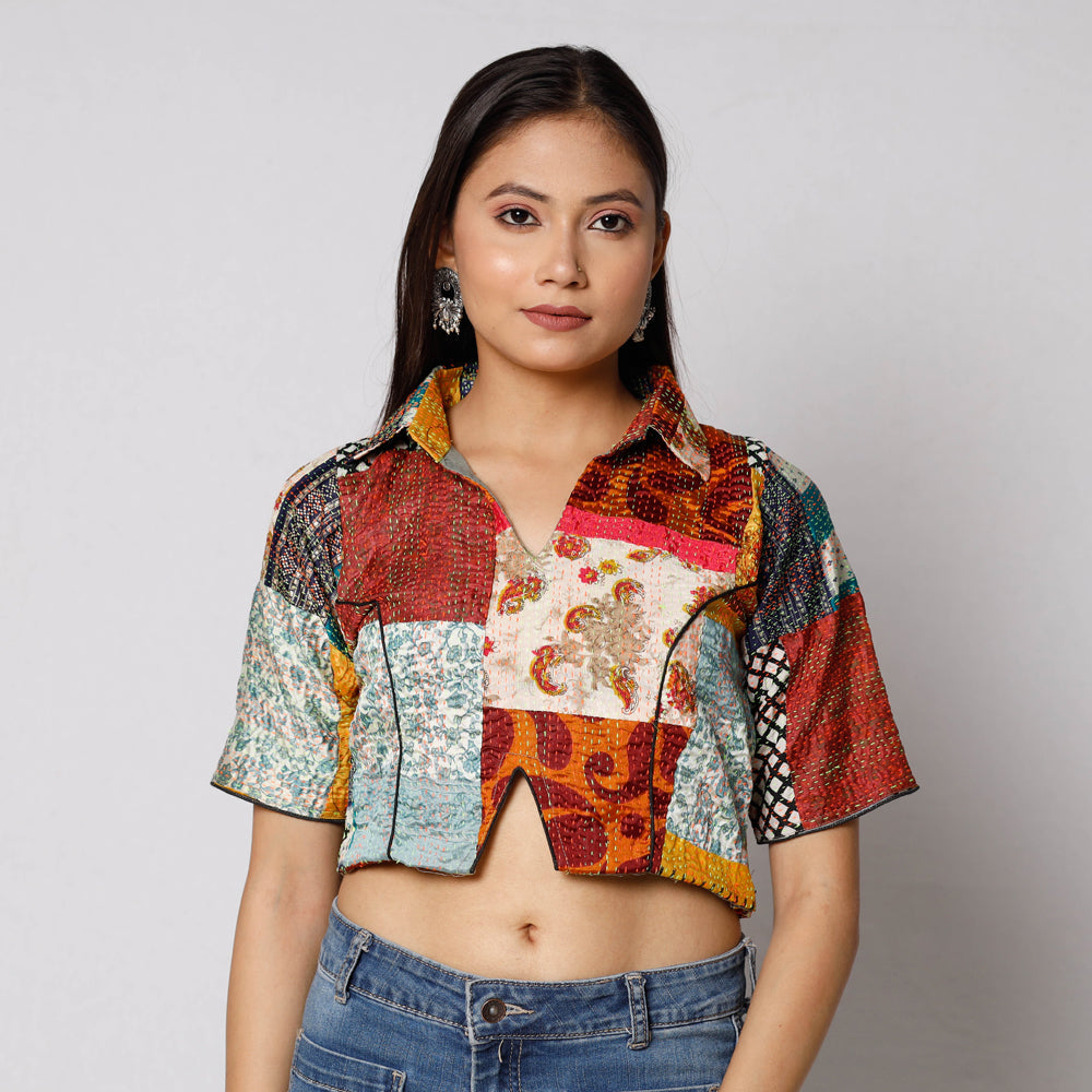 Buy Kantha Embroidery Patchwork Silk Cotton Stitched Blouse 