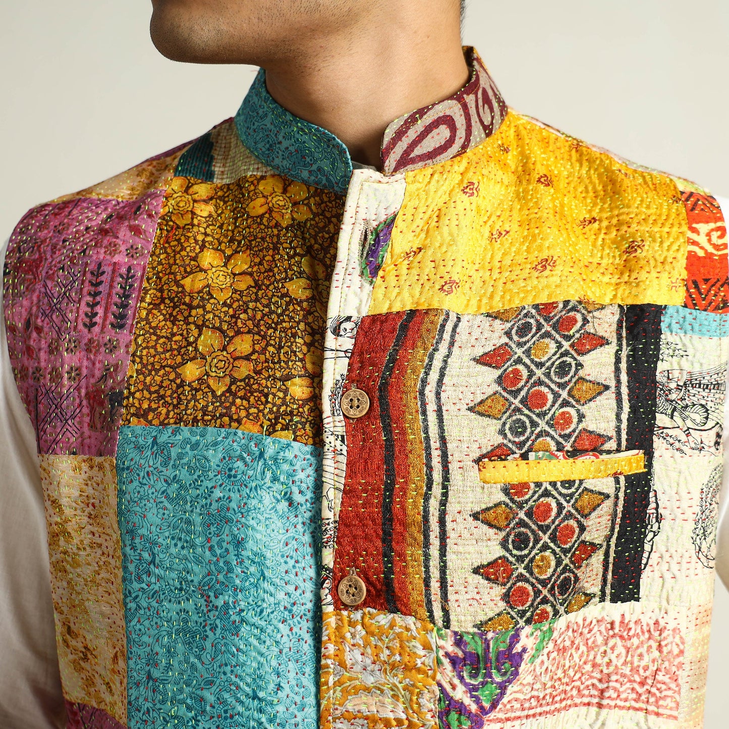 Multicolor Kantha Embroidery Silk Patchwork Nehru Jacket 